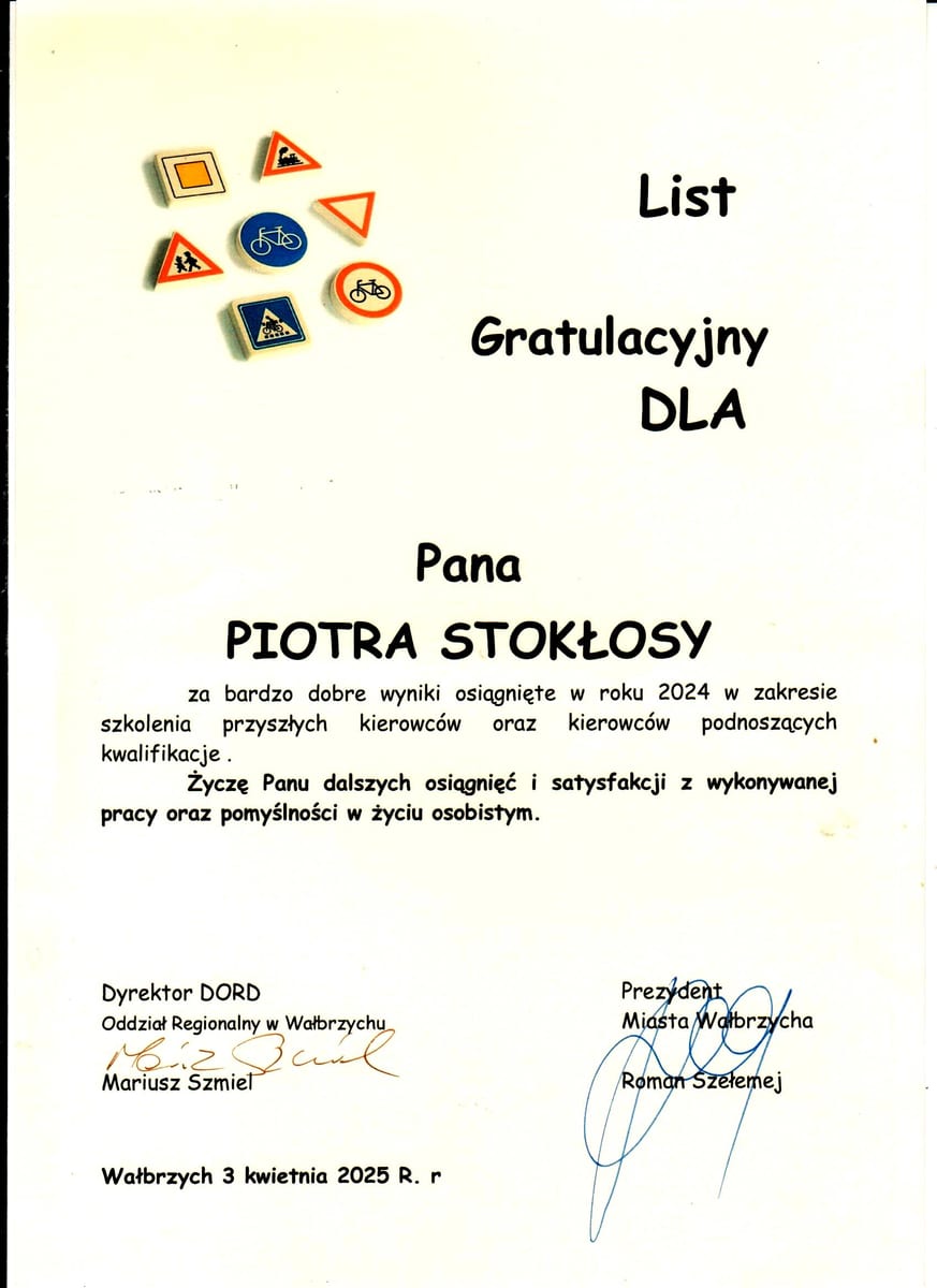 List gratulacyjny dla instruktora Piotra Stokłosy — Prezydent Miasta Wałbrzycha i Dyrektor DORD Wałbrzych — 2024